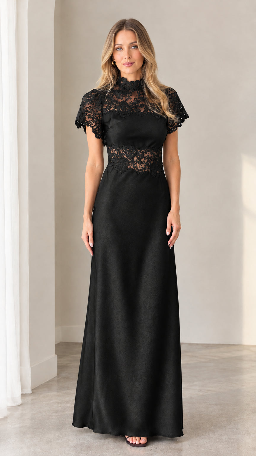 Classic black high neck lace bodice satin maxi evening dress