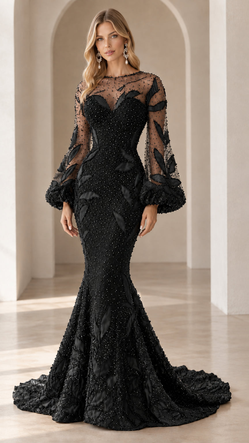 Front view of black beaded mermaid evening gown with sheer illusion neckline and dramatic balloon sleeves
