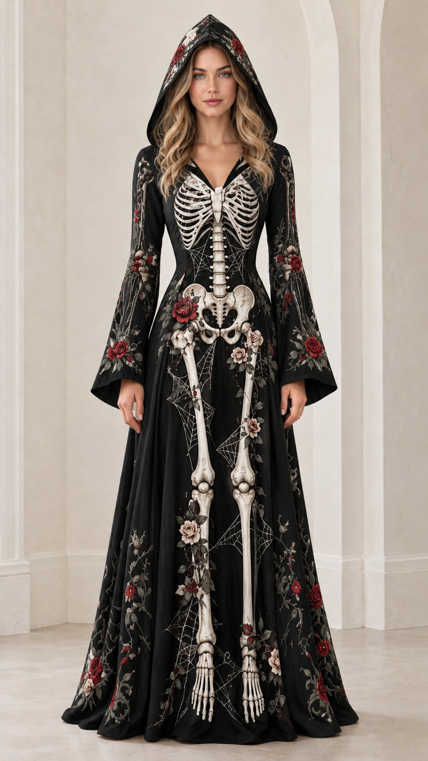 Front view of black gothic skeleton and floral print hooded maxi dress