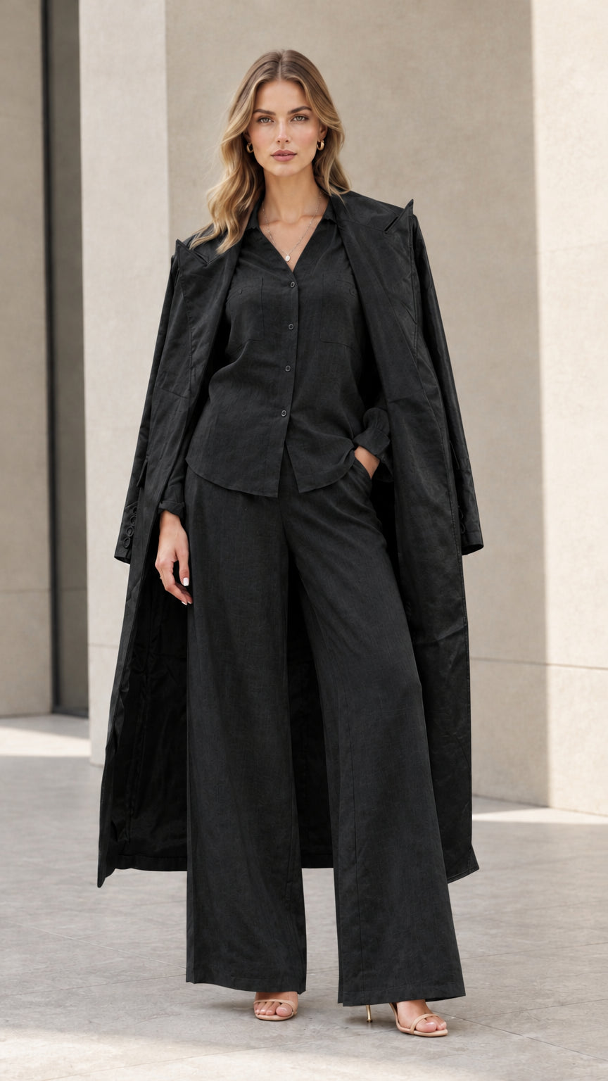 Model wearing all-black 3-piece set with duster coat, button-down shirt, and wide-leg pants