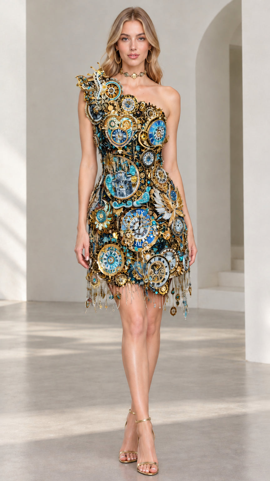 Front view of black and gold one-shoulder embellished fringe mini dress variant