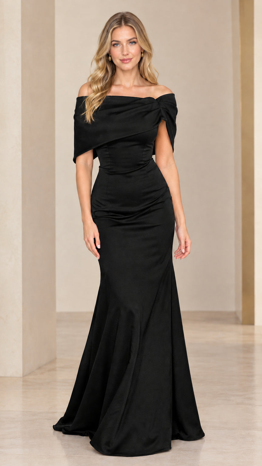Full-length front view of the black off-the-shoulder draped mermaid evening gown