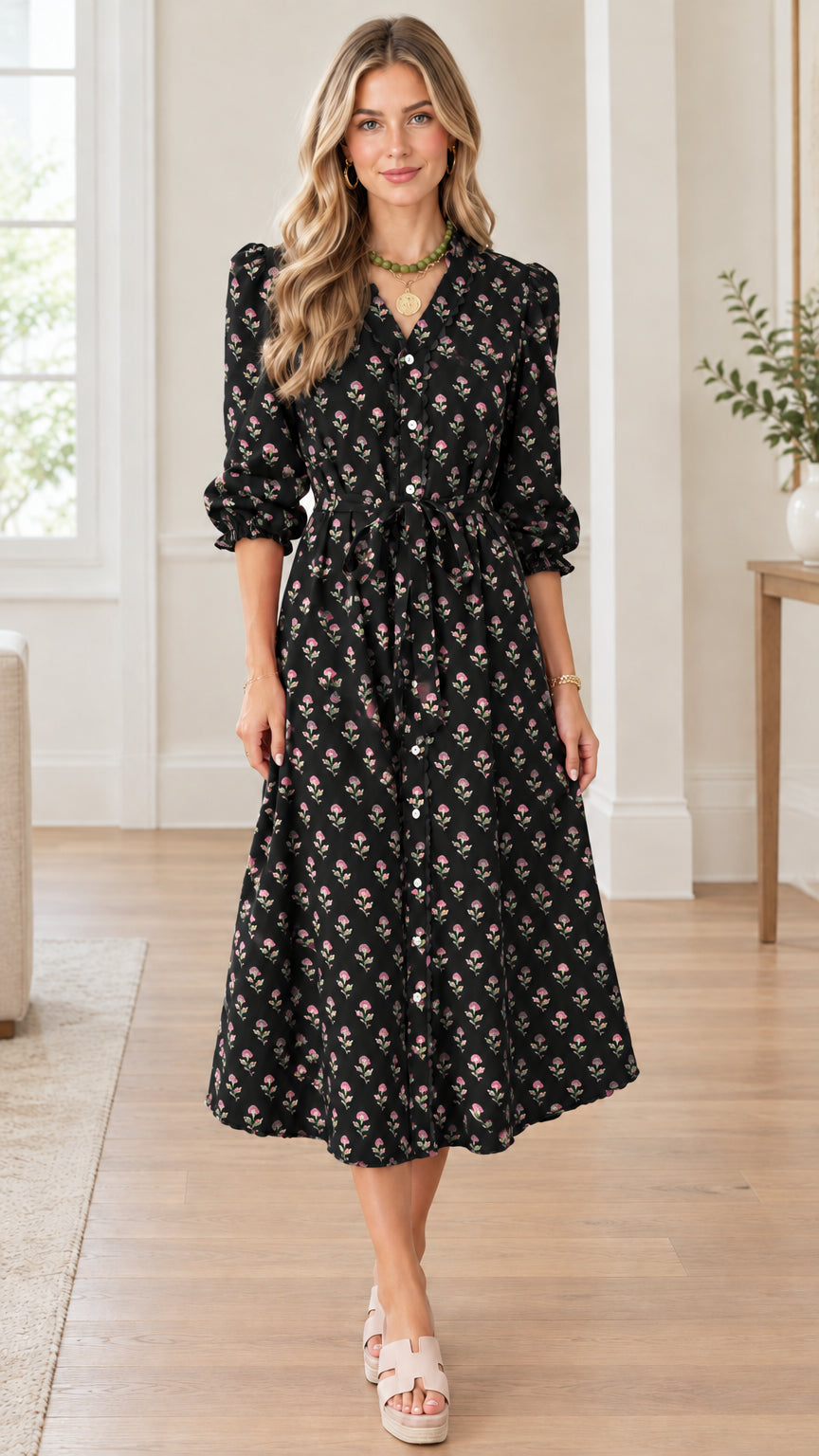 Full front view of model wearing black floral print button-front midi dress