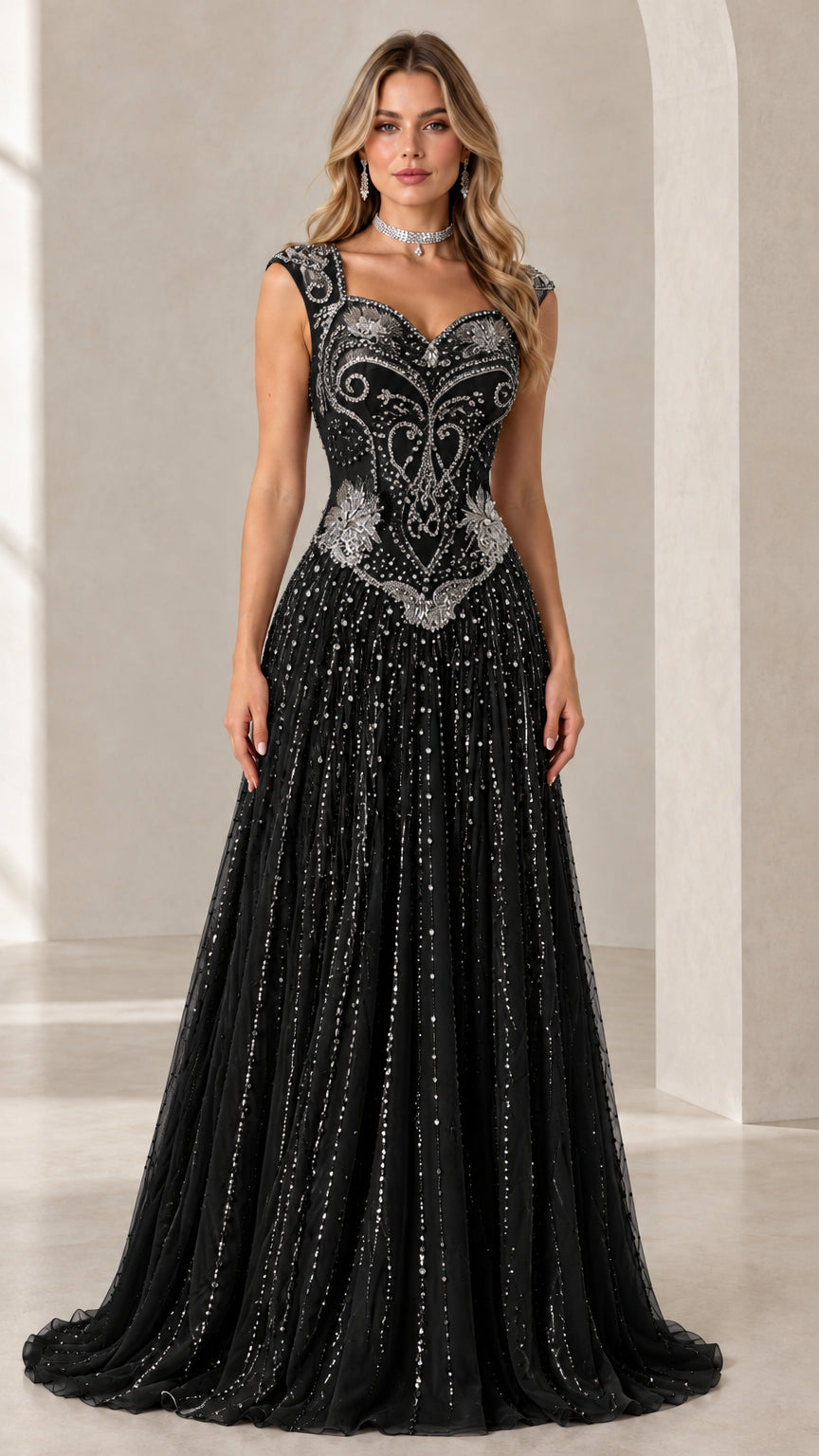 Front full-length view of Black beaded basque waist evening gown