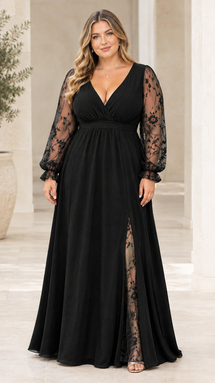 Front view of model wearing black V-neck maxi evening gown with lace sleeves