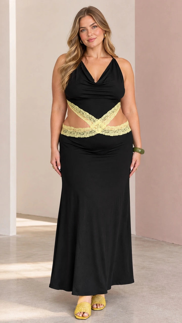 Front view of model wearing black cowl neck halter maxi dress with yellow lace waist cutout