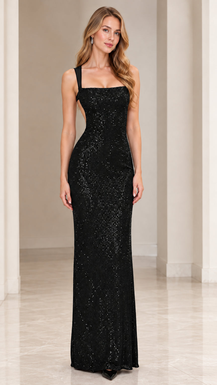 Full front view of model wearing black sequin square neck evening dress