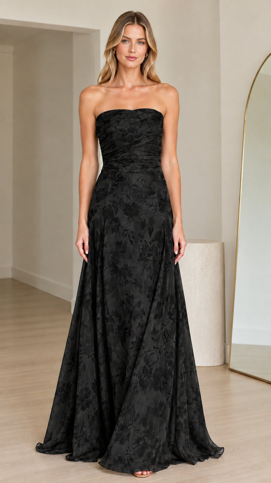 Strapless floral maxi gown in black