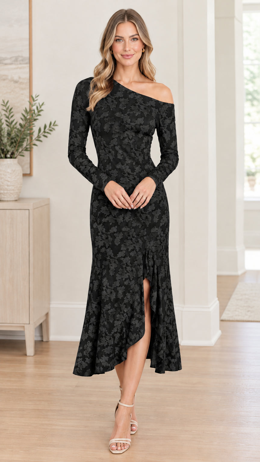 Black one-shoulder long sleeve floral jacquard midi dress