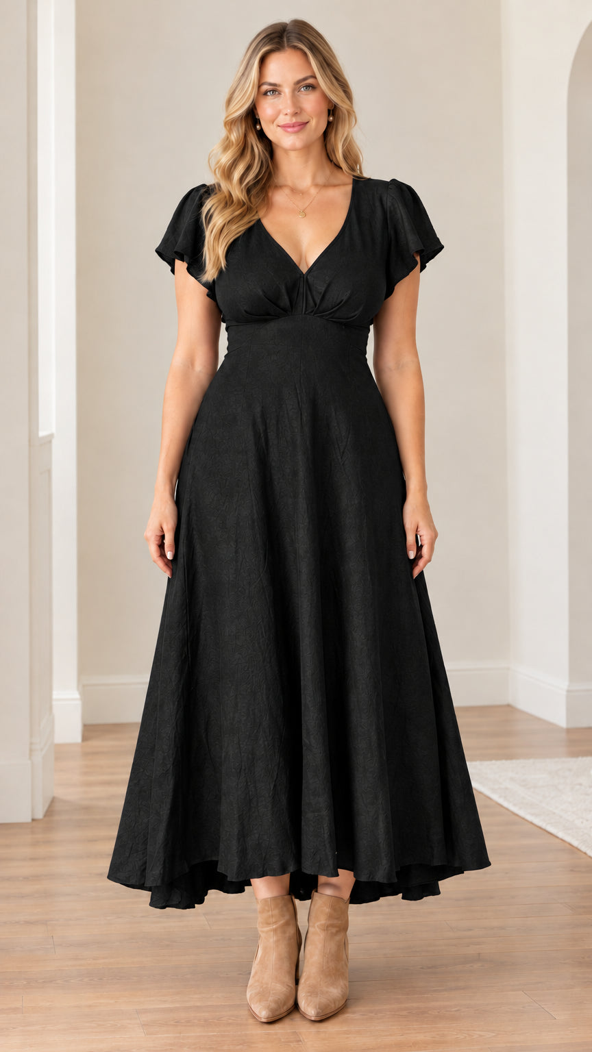 Front view of model wearing a black V-neck flutter sleeve maxi dress