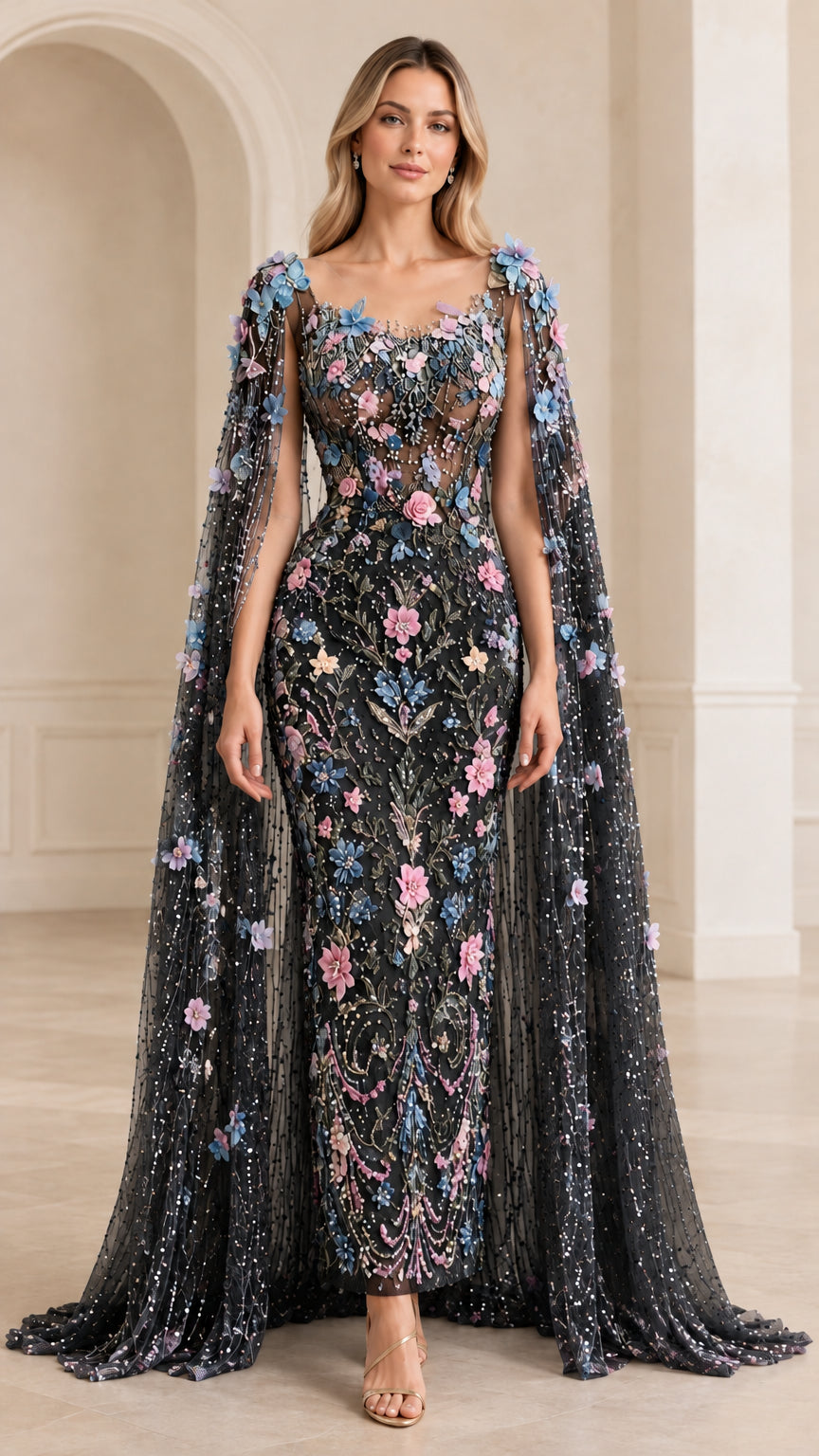 Front view of black floral applique cape evening gown