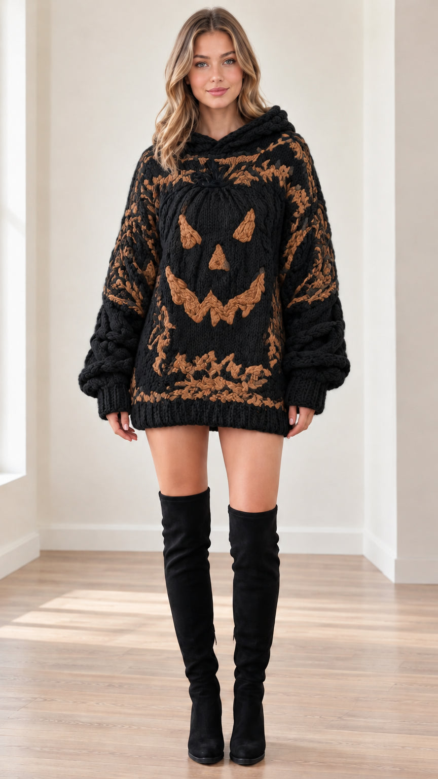 Black oversized hooded sweater dress with tan pumpkin face graphic