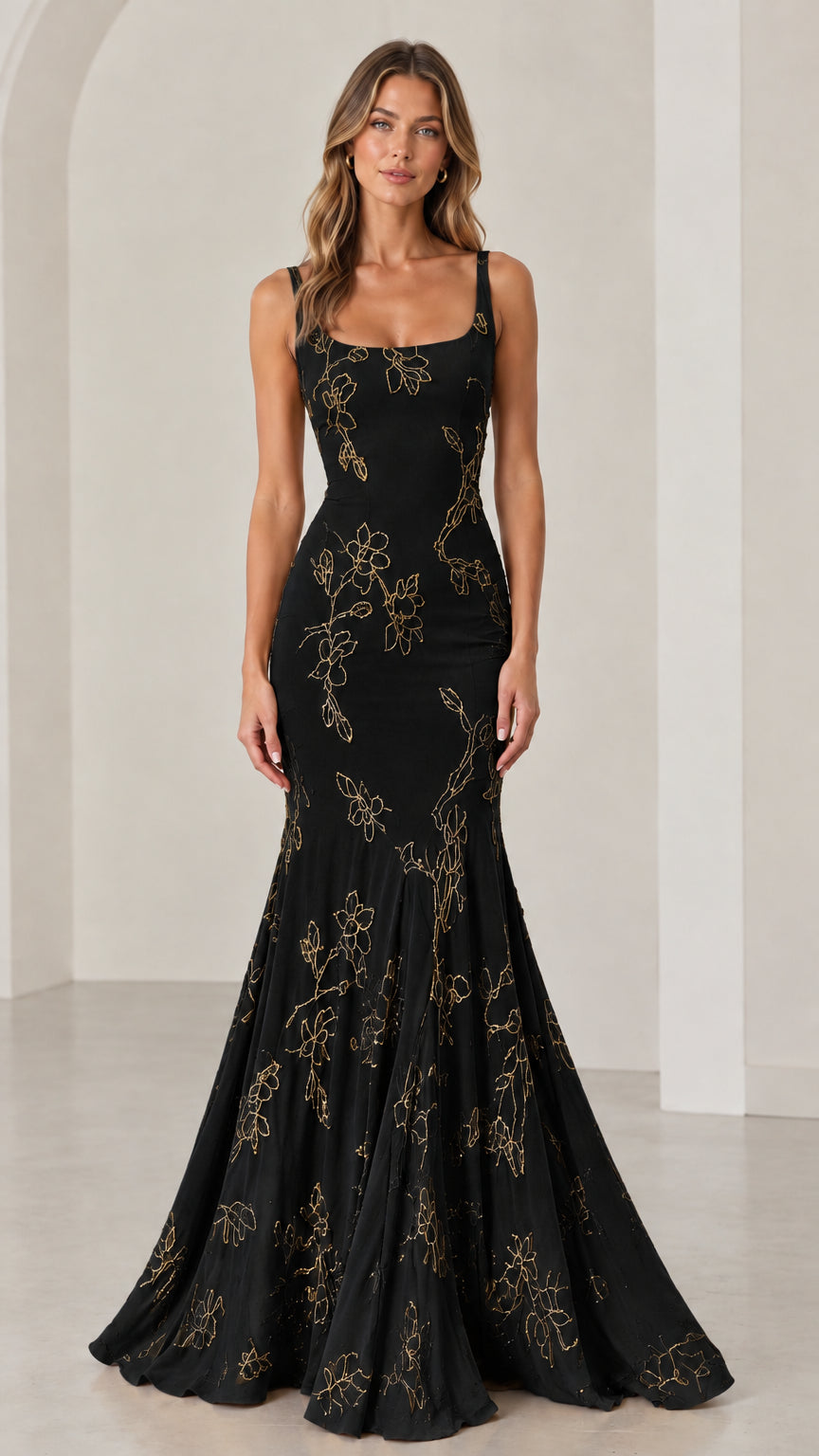 Full front view of Black beaded floral mermaid evening gown