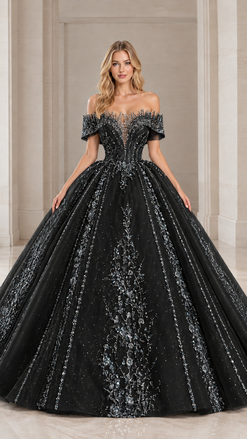 Front view of black off-the-shoulder beaded tulle ball gown