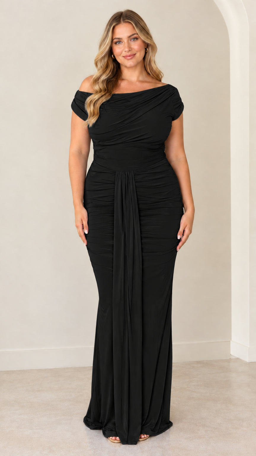 Black off-the-shoulder ruched maxi formal gown front view