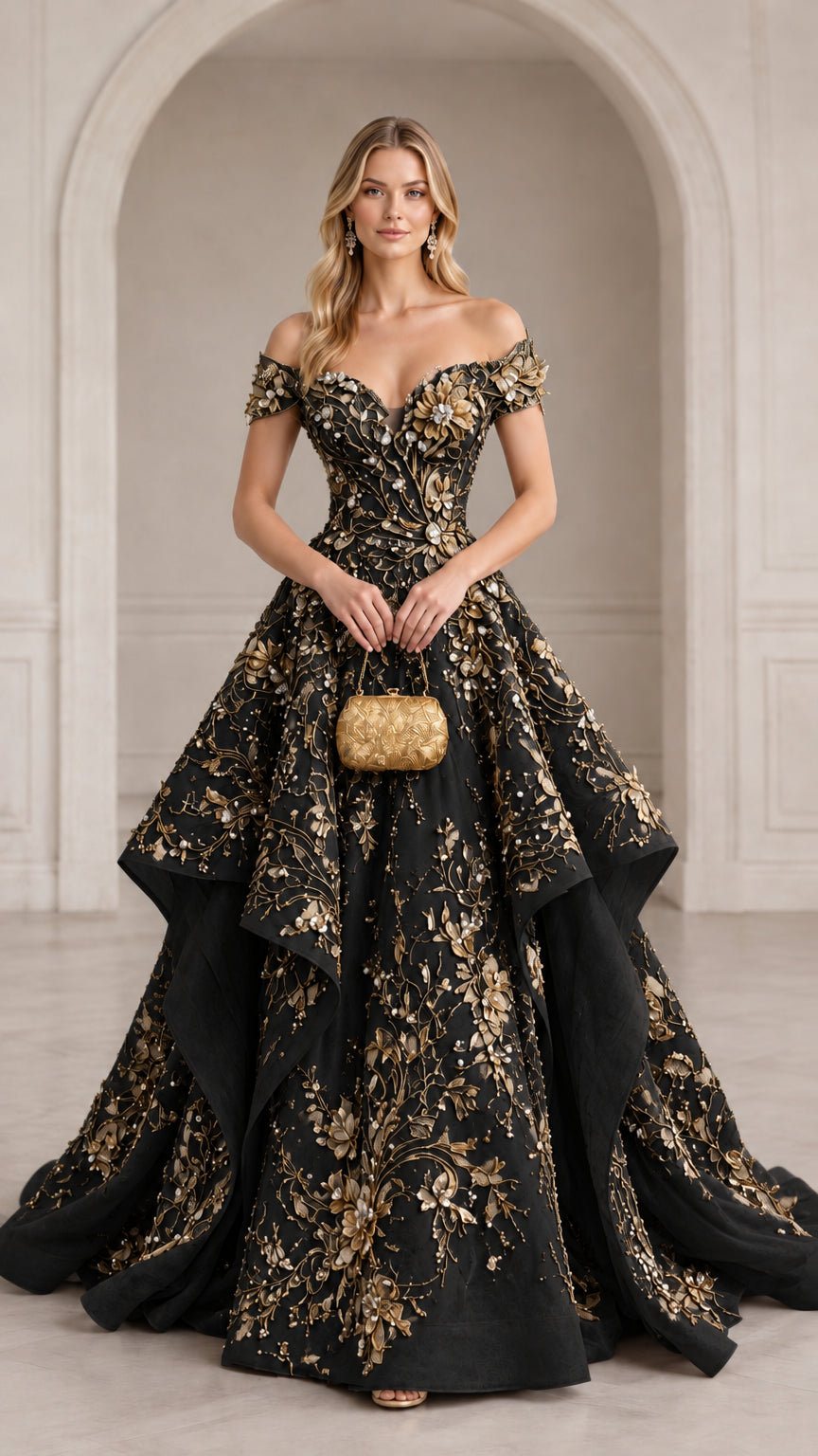 Front view of black and gold off-the-shoulder 3D floral embroidered tiered ball gown