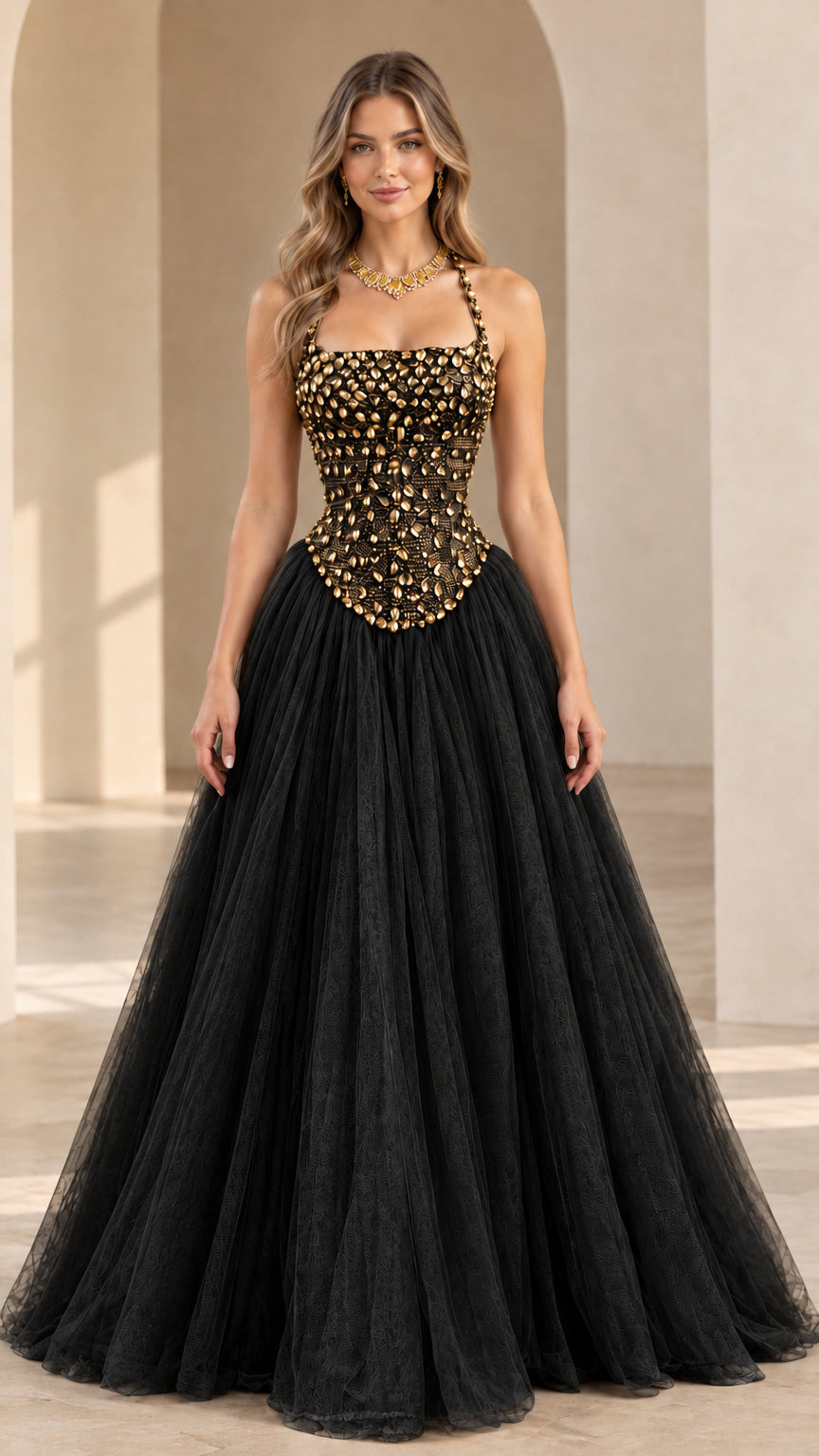 Black beaded corset halter ball gown with full tulle skirt