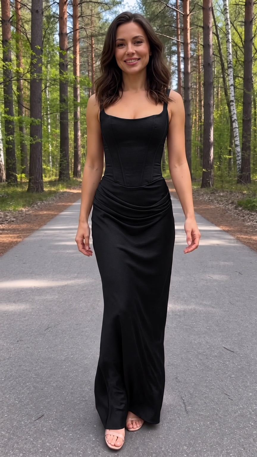 Front view of model wearing a black square-neck corset maxi dress