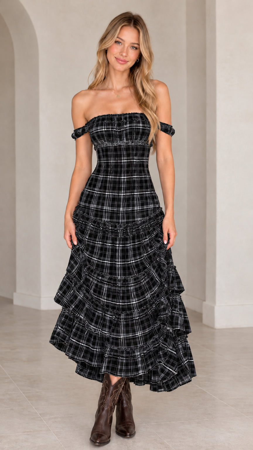 Model wearing black plaid off-the-shoulder tiered maxi dress