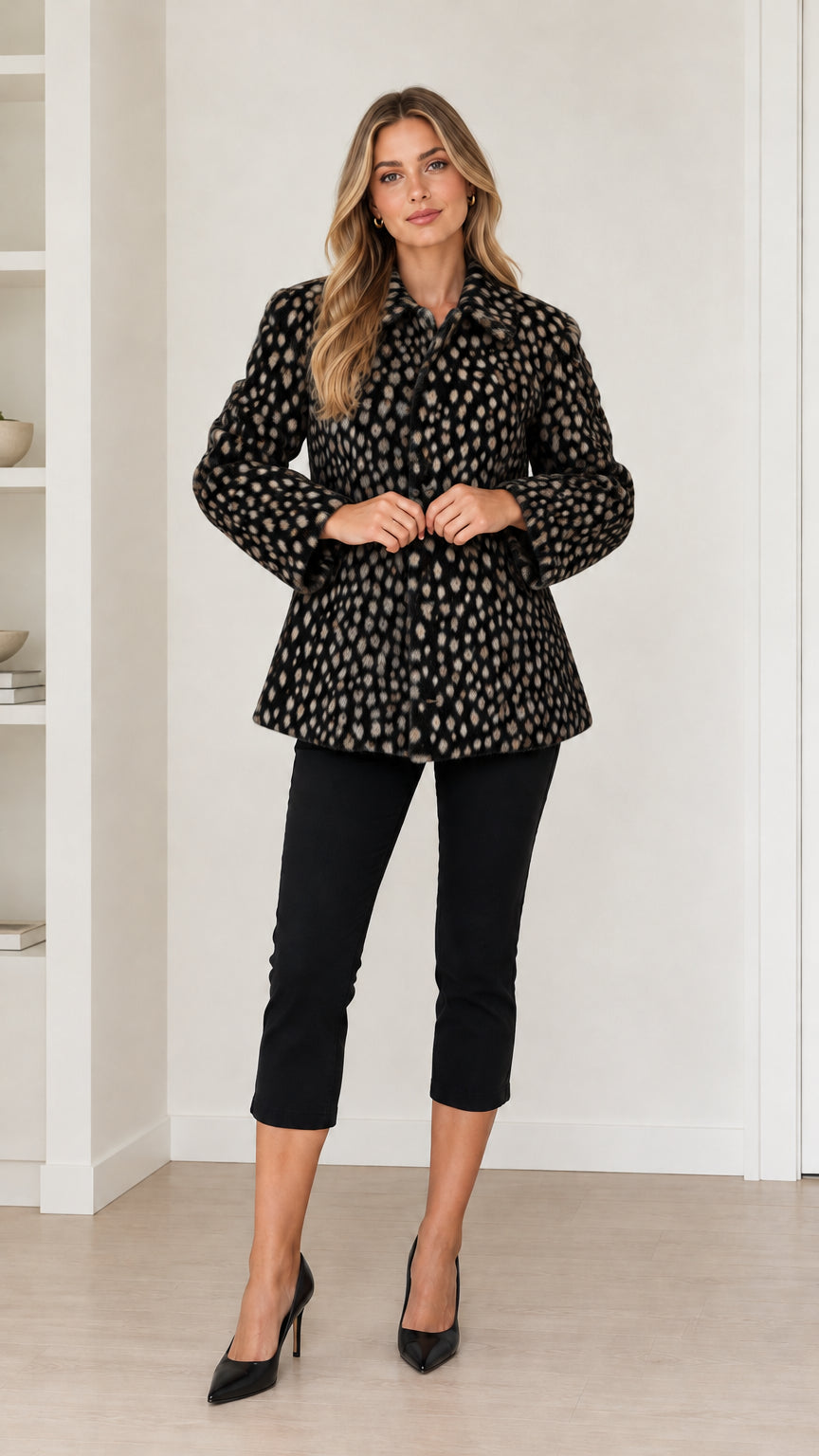 Model wearing black and charcoal leopard print button-front mid-length coat