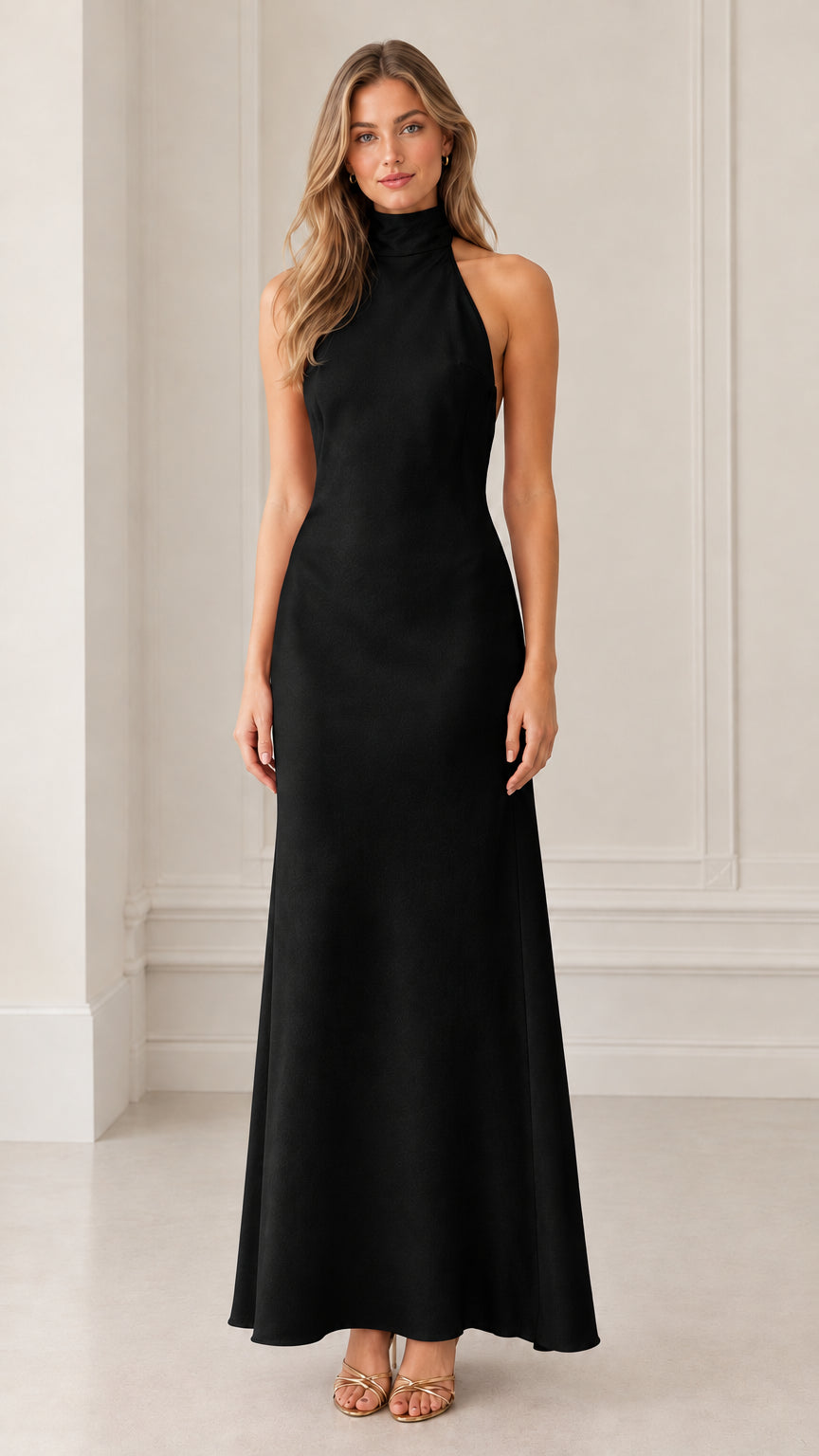 Front view of model wearing black halter neck backless maxi dress