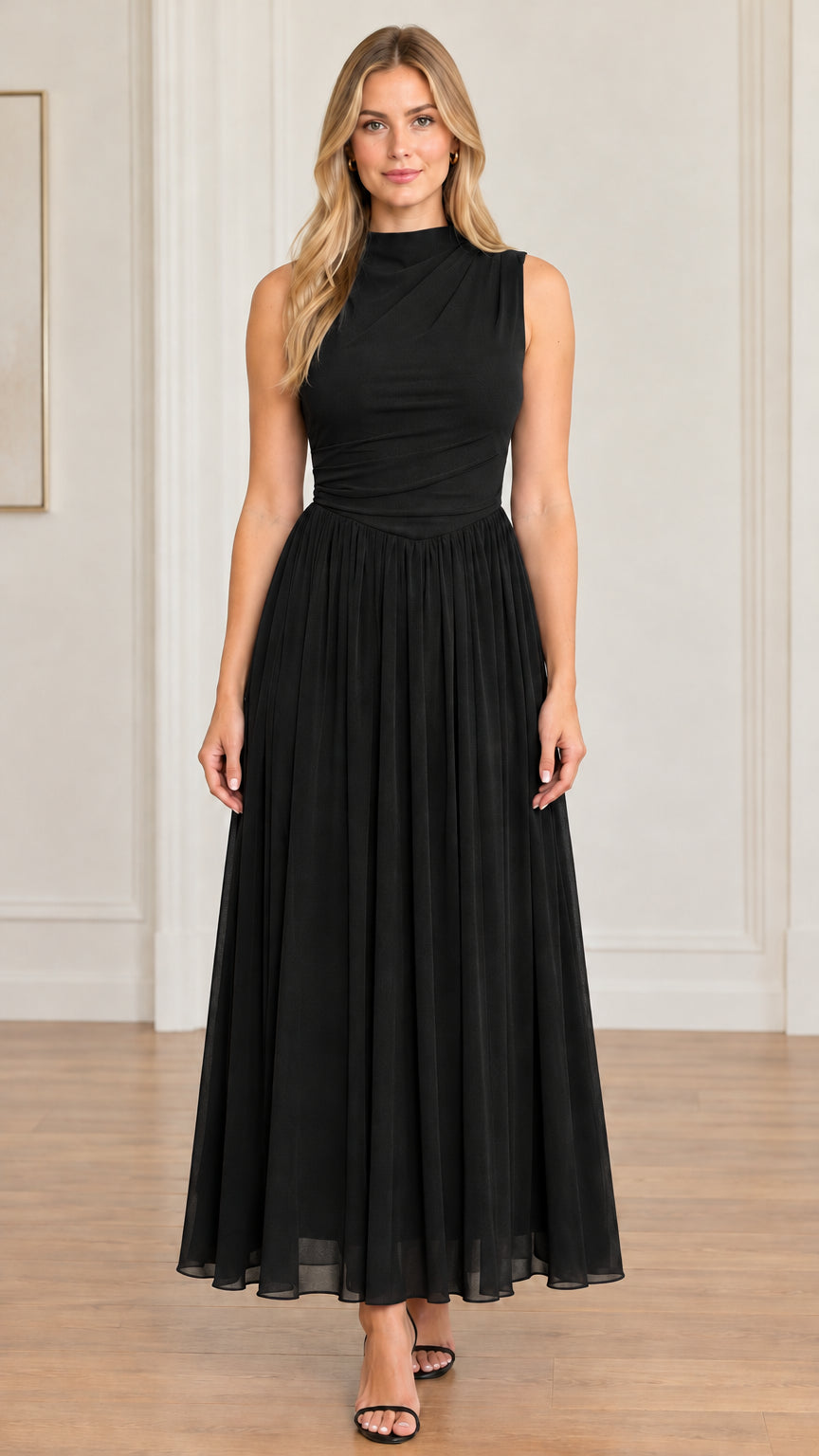 Full front view of model wearing black sleeveless mock neck pleated maxi dress