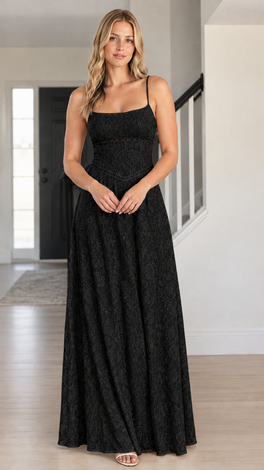 Front view of woman wearing black floral lace spaghetti strap maxi dress