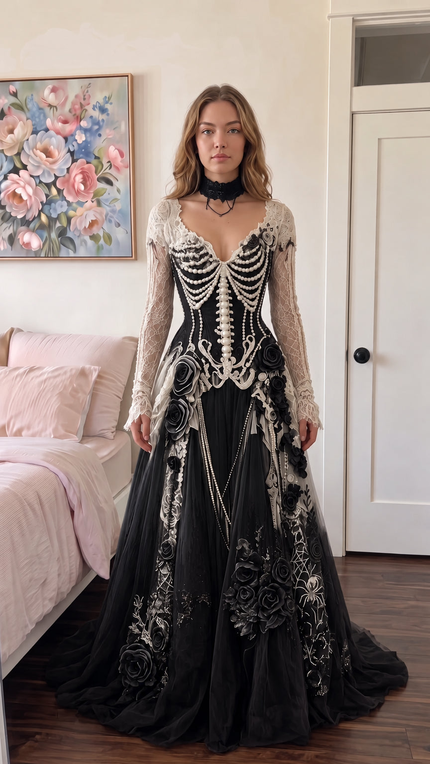 Front view of Gothic ombre evening dress in black and cream with pearl corset detailing