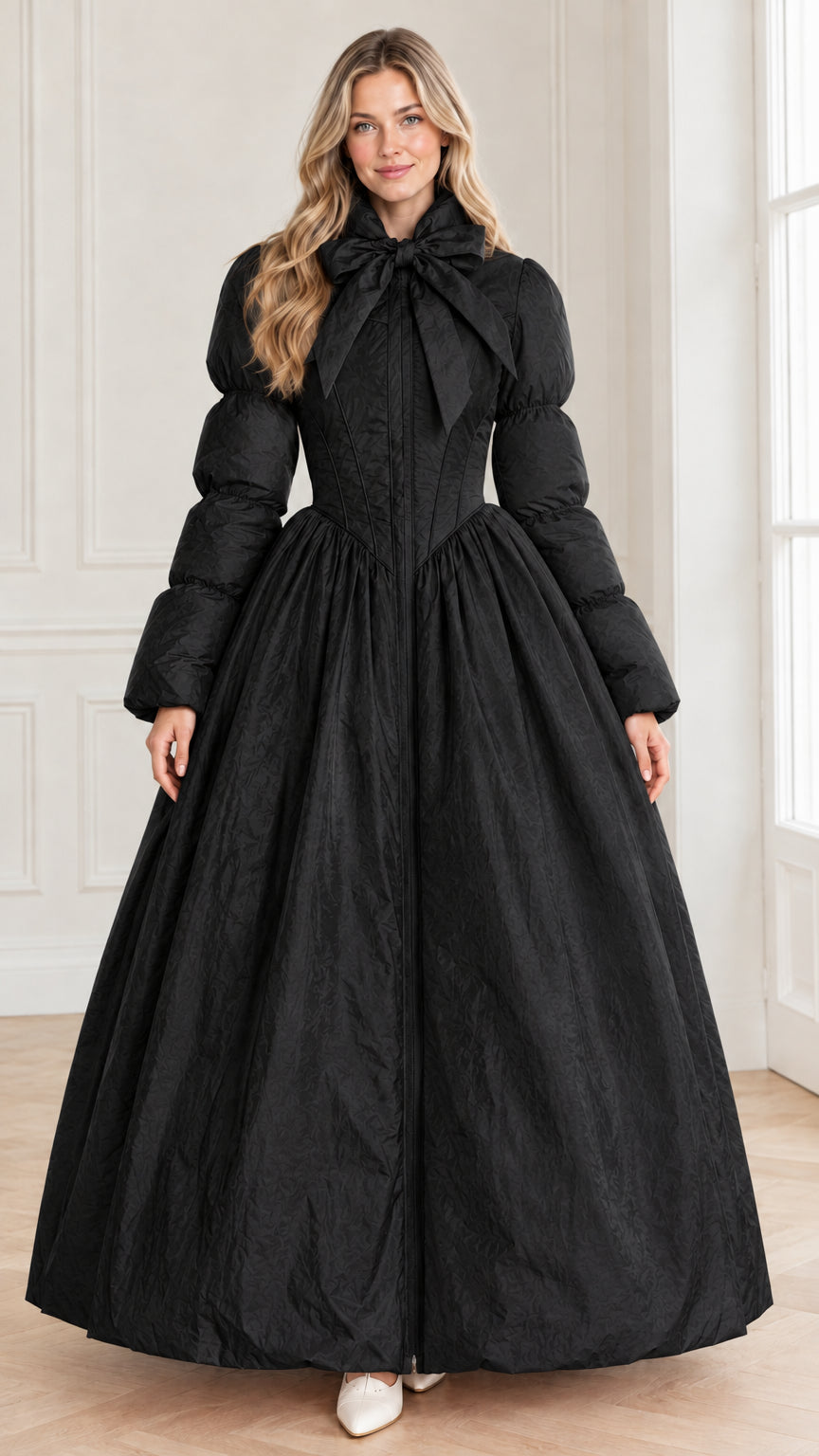 Full-length front view of model in the dramatic ballgown puffer coat in black