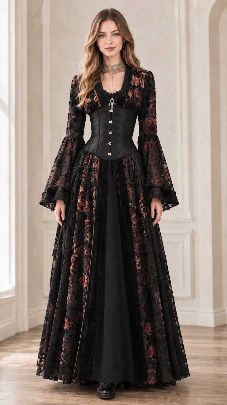 Front studio shot of women's Gothic Renaissance corset maxi dress in Black & Wine Red