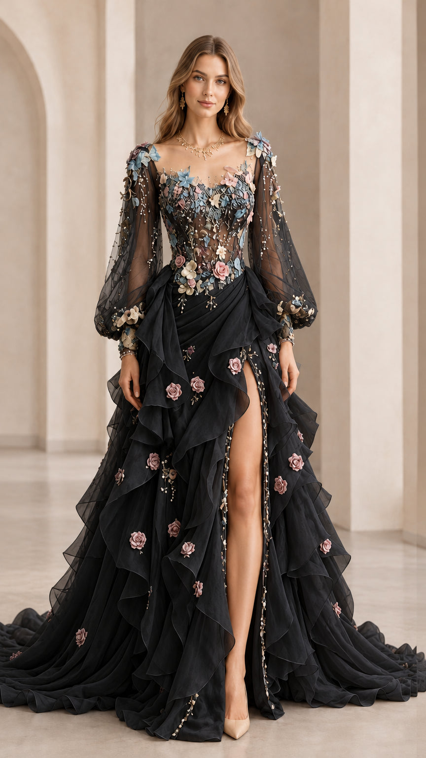 Full front view of black floral applique formal gown with tiered ruffle skirt