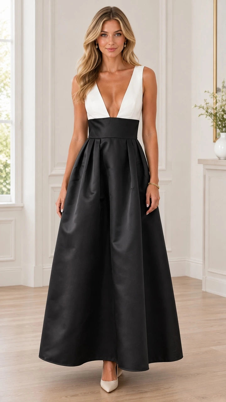 Front view of model in black and white sleeveless deep V-neck pleated evening gown