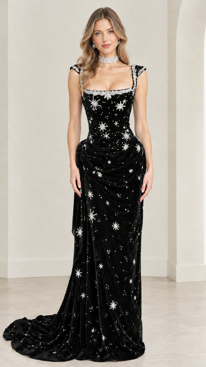 Full-length front view of celestial star velvet evening gown in classic black