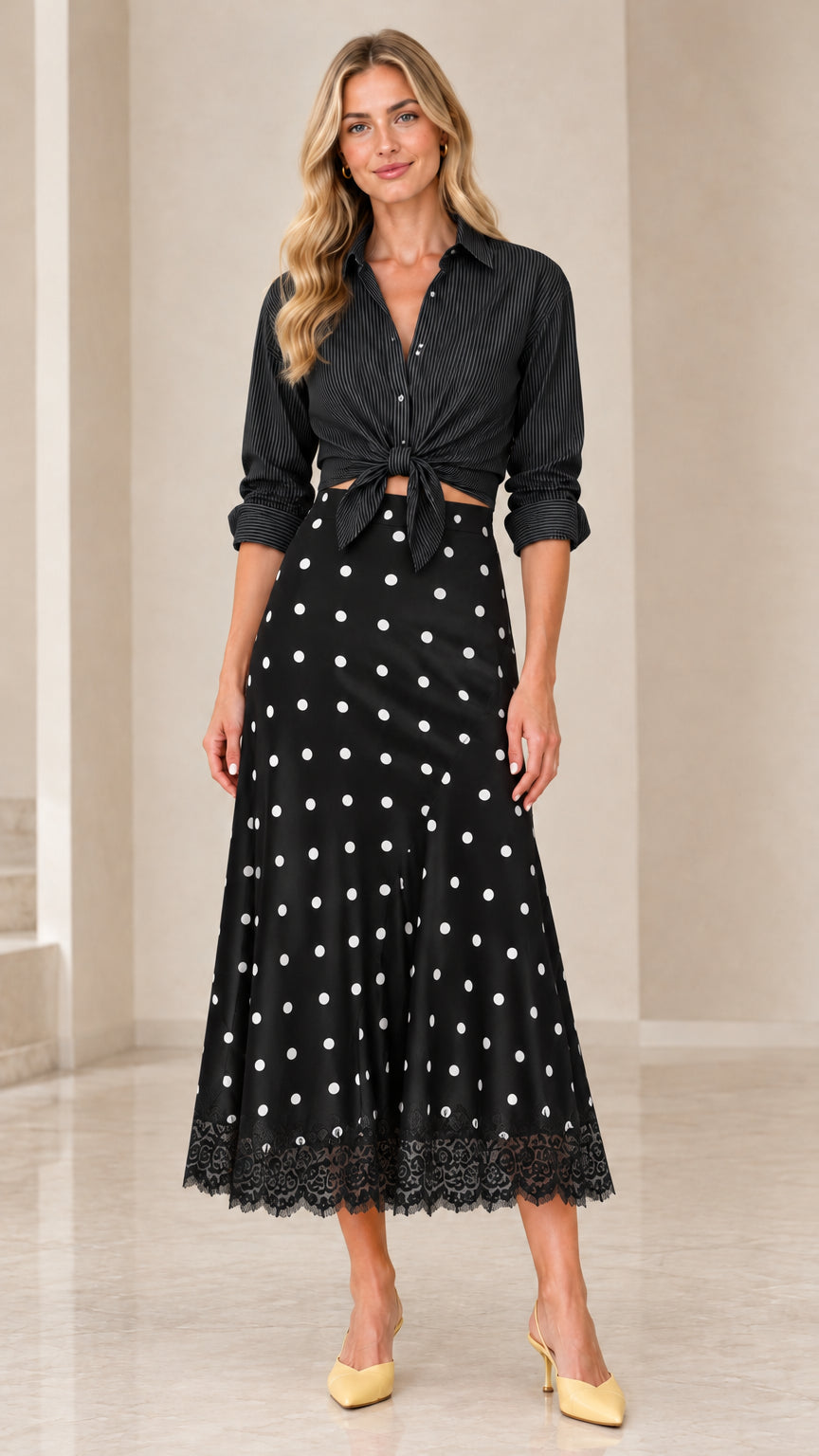 Black striped tie-front shirt paired with black polka dot midi skirt with lace trim