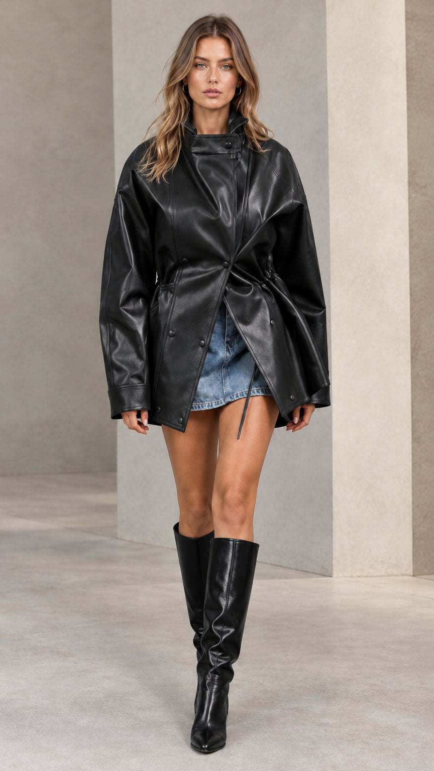 Front view of black faux leather drawstring waist jacket worn with denim mini skirt and black knee-high boots