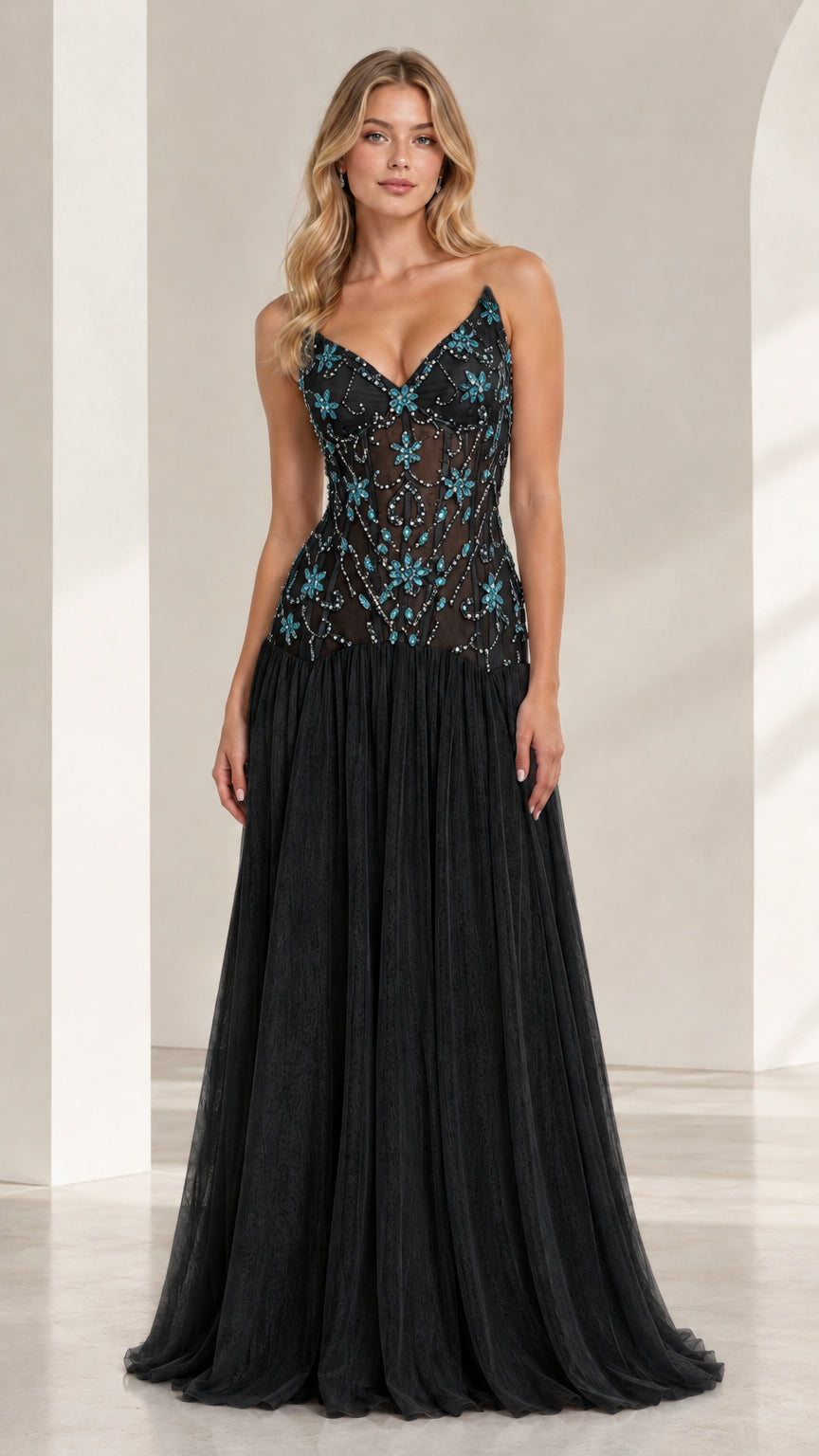 Black floral beaded tulle evening gown with sleeveless bodice and full skirt