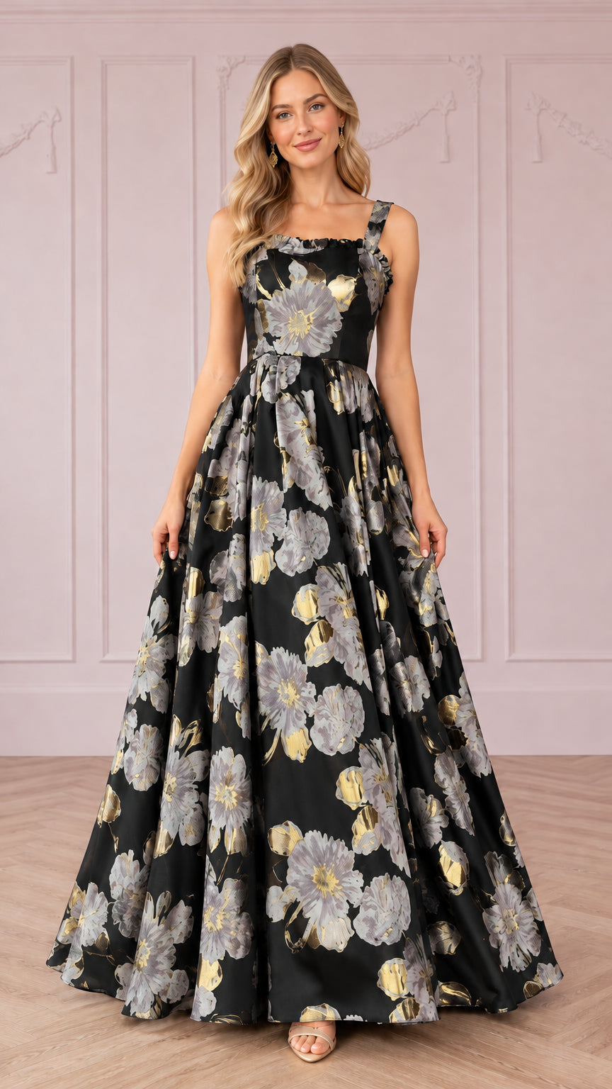 Front view of black and silver floral jacquard sleeveless formal evening gown