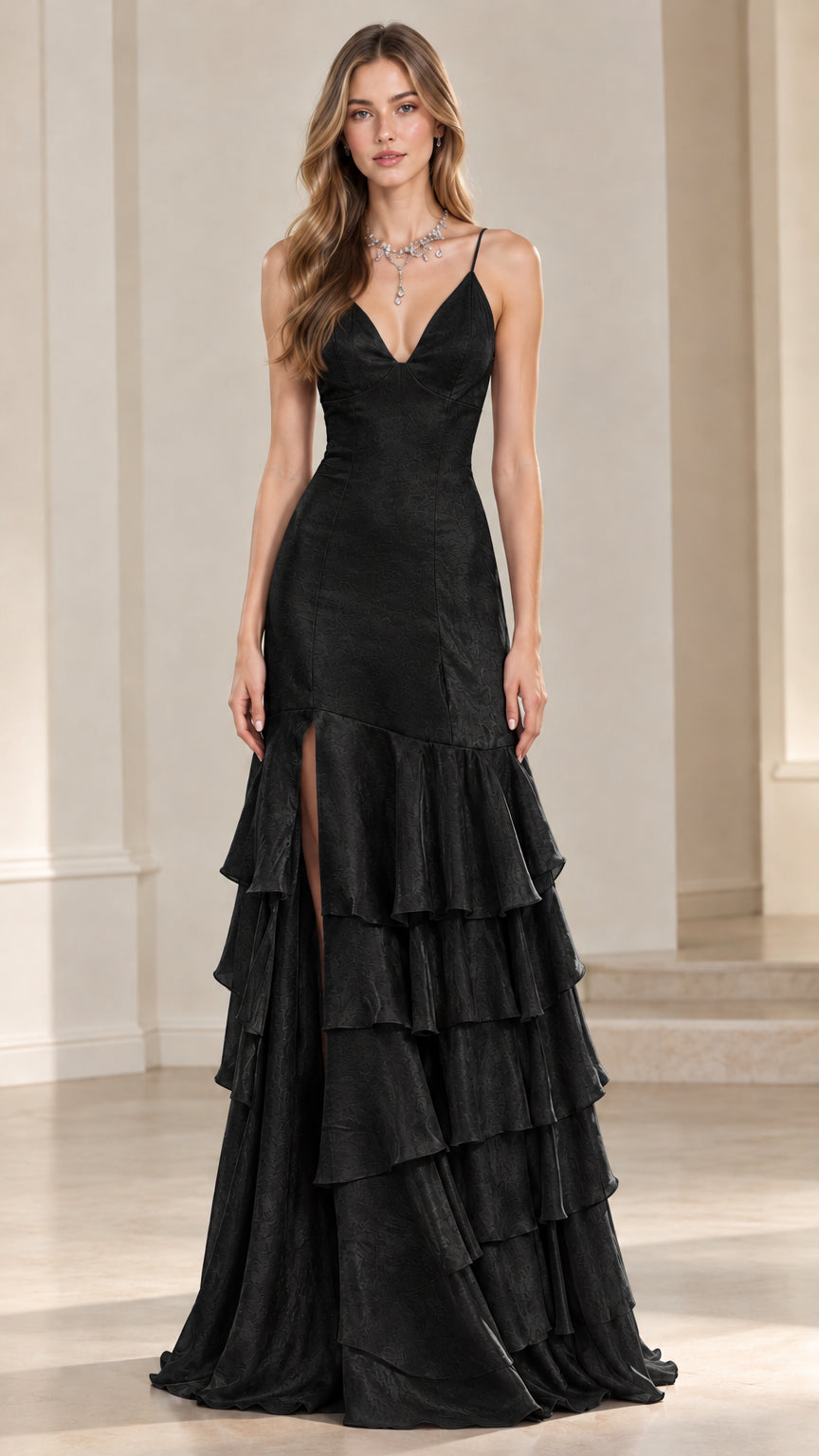 Front view of a woman wearing a black tiered ruffle floor-length formal gown