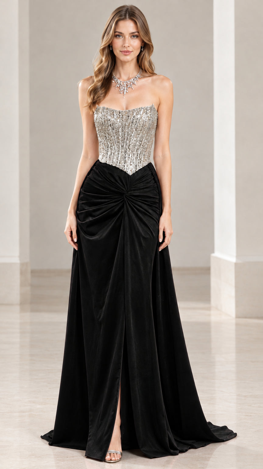 Black strapless evening dress with glittering sequin bodice and front slit