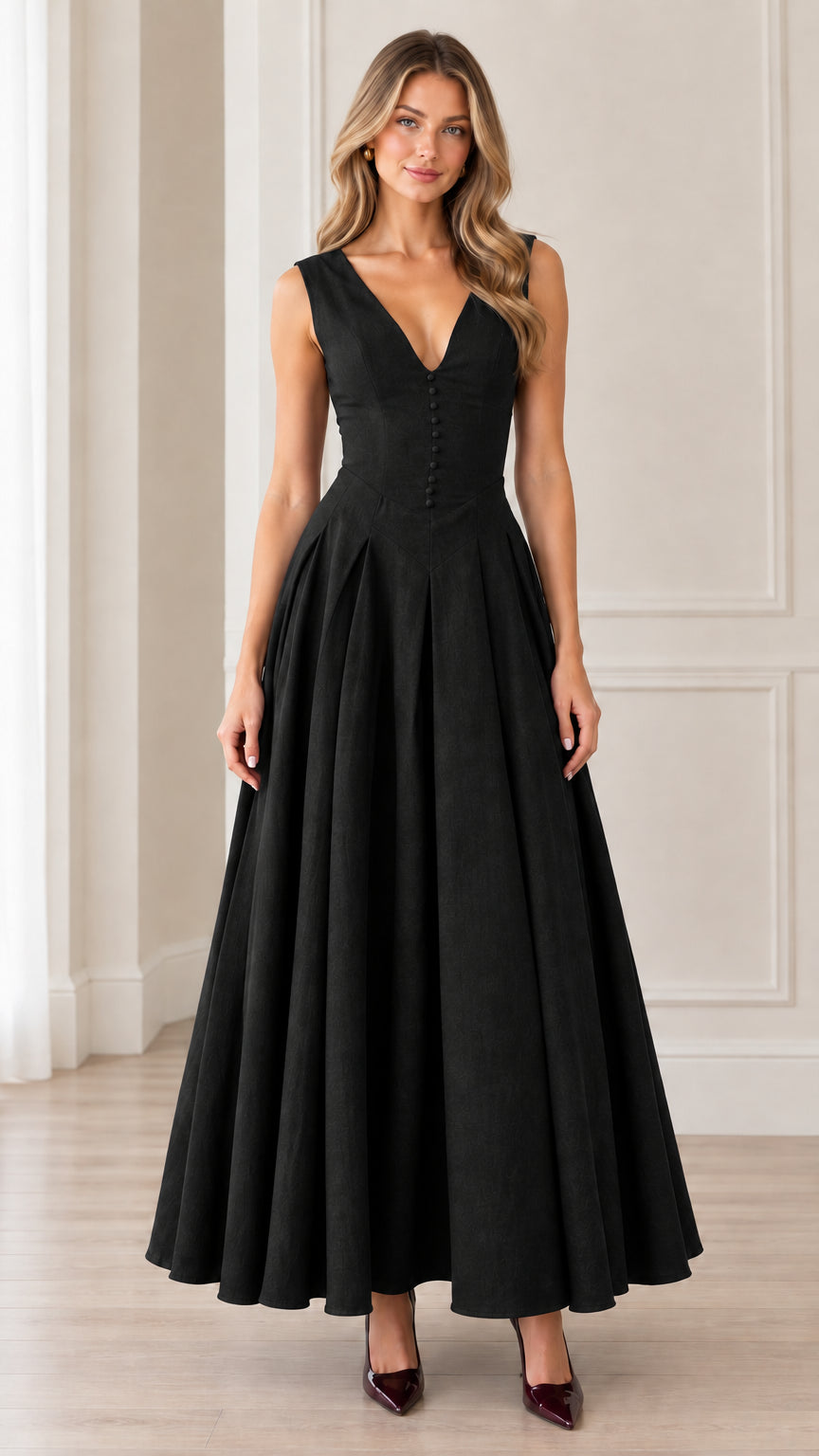Front view of woman wearing sleeveless black V-neck button-front pleated maxi dress