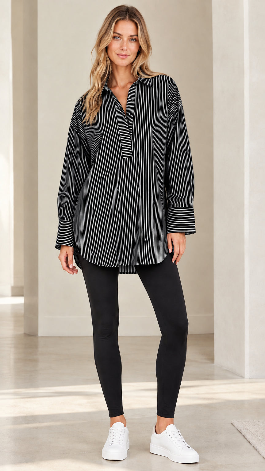 Front view of model wearing black and white vertical striped popover tunic shirt