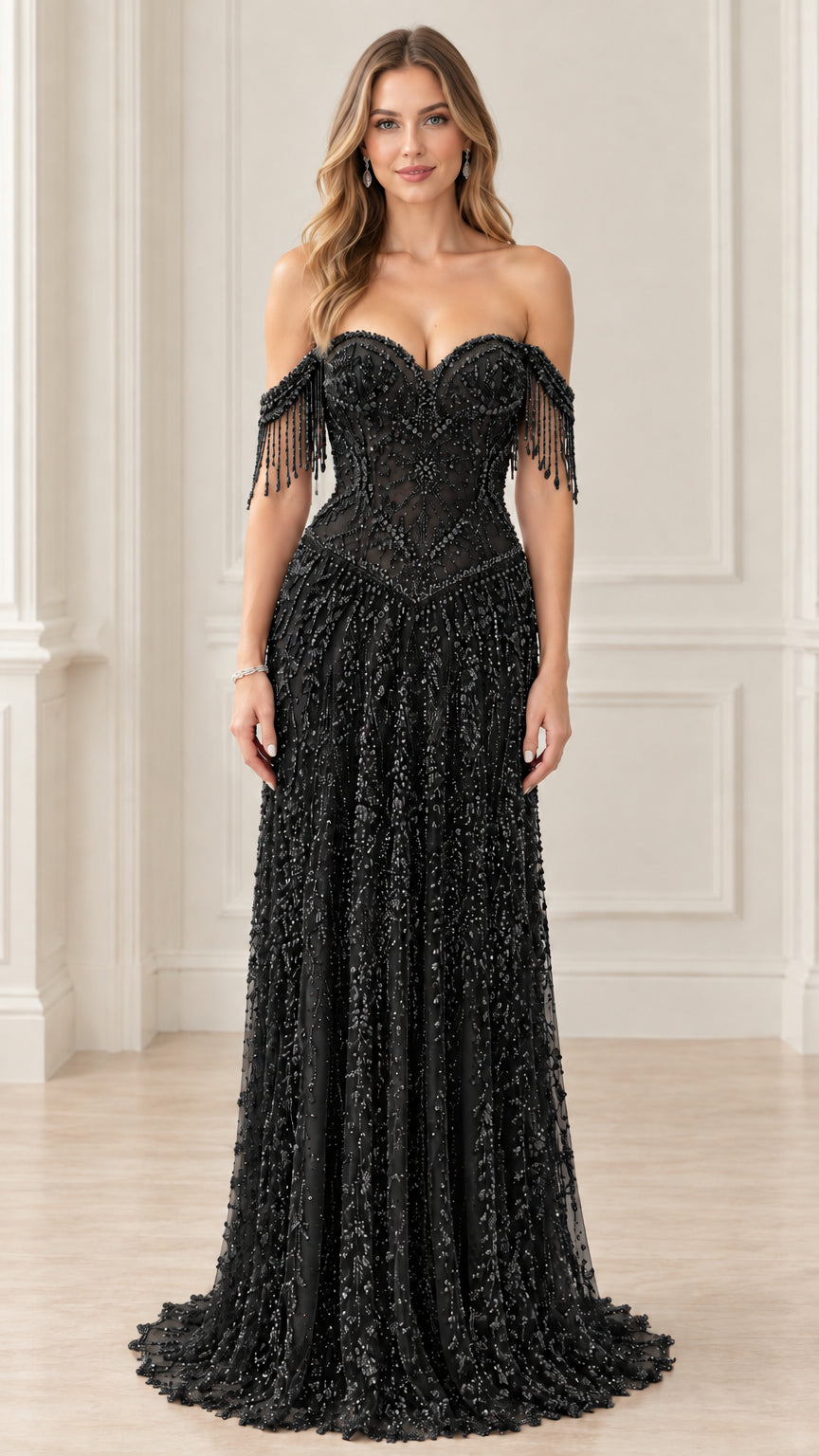 Full-length front view of black beaded off-shoulder formal evening dress