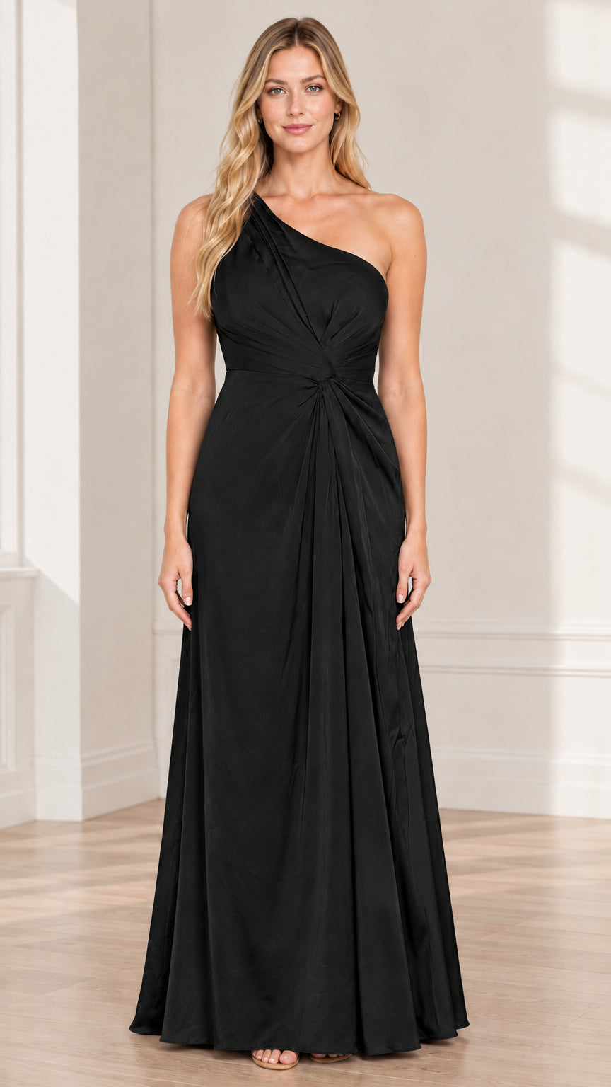 Woman wearing black one-shoulder pleated floor-length evening dress