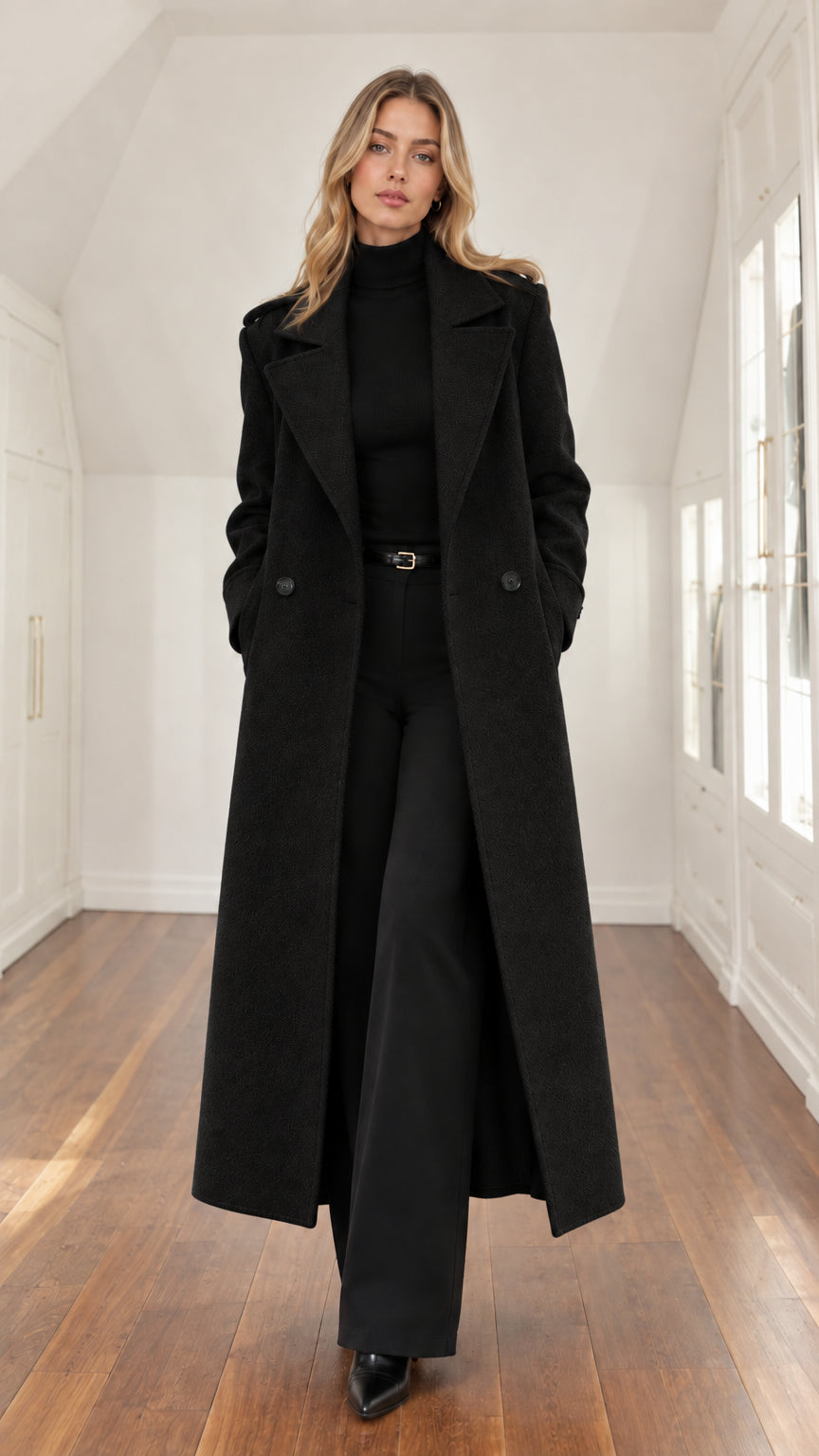 Front view of a woman wearing a tailored black maxi overcoat