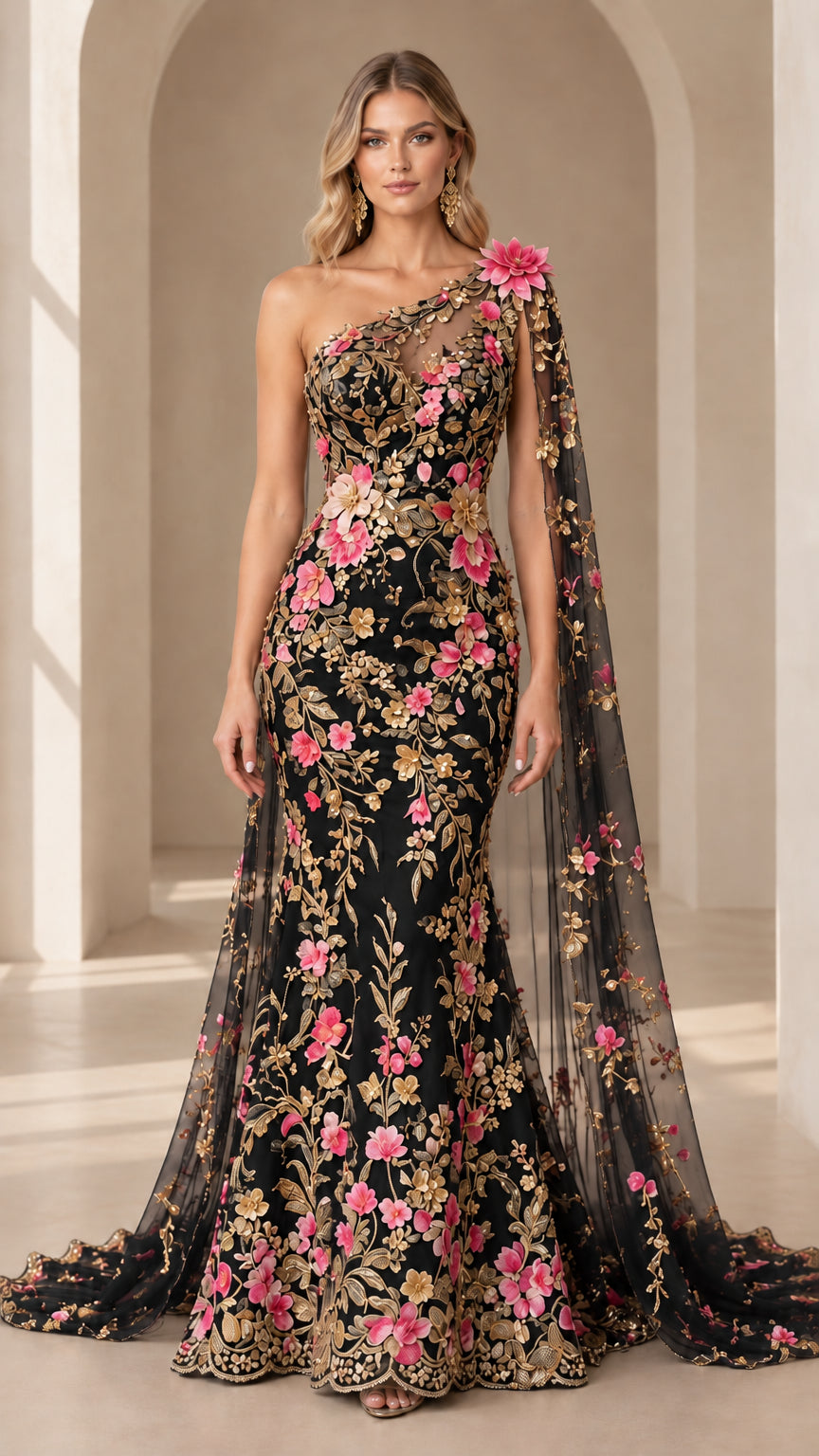 Full-length front view of black one-shoulder evening gown with pink and gold floral embroidery and cape