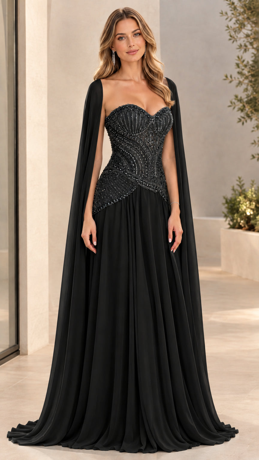 Full-length black sweetheart beaded corset evening gown with cape sleeves