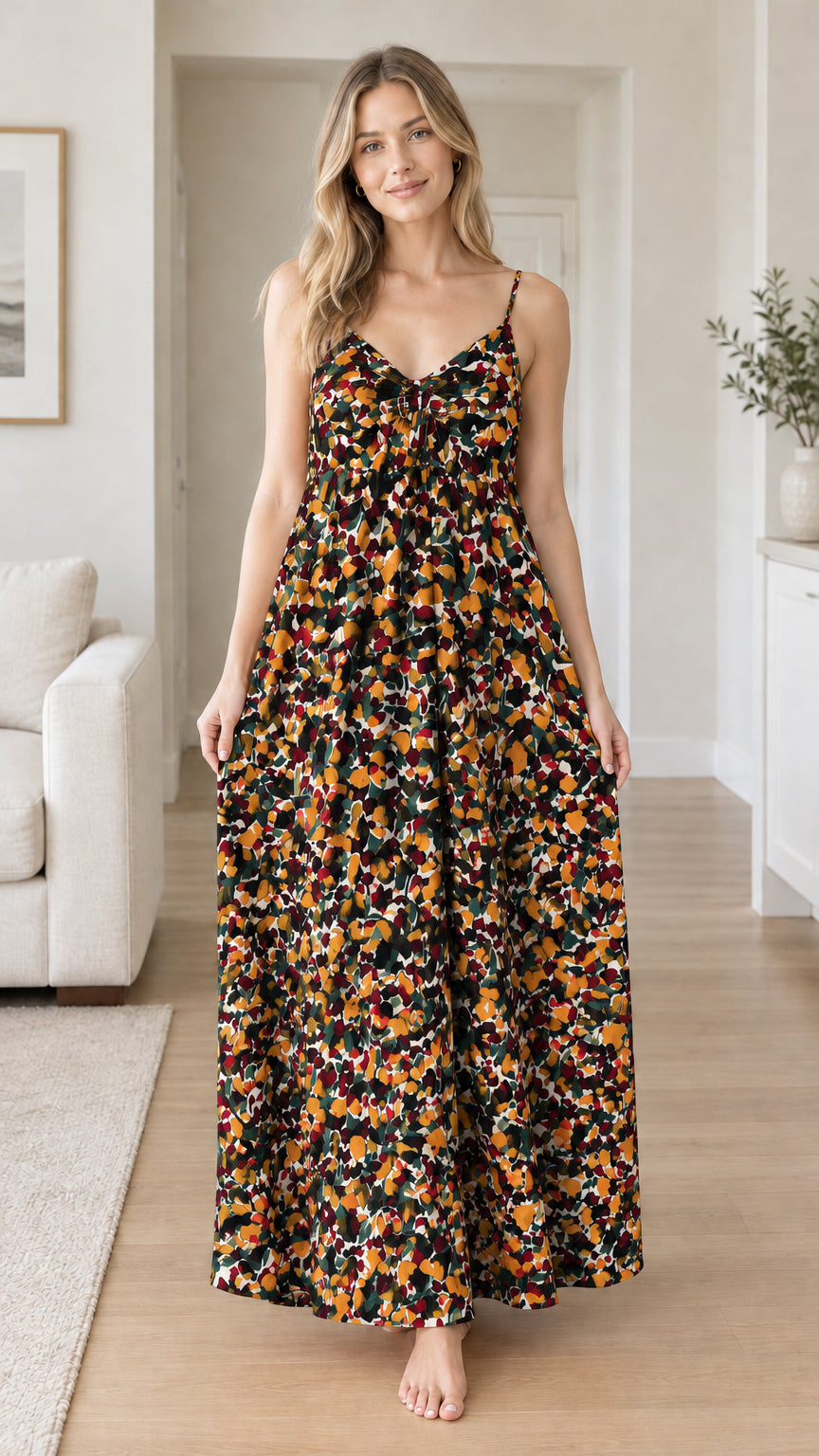Front view of woman wearing black multi-color floral backless maxi dress
