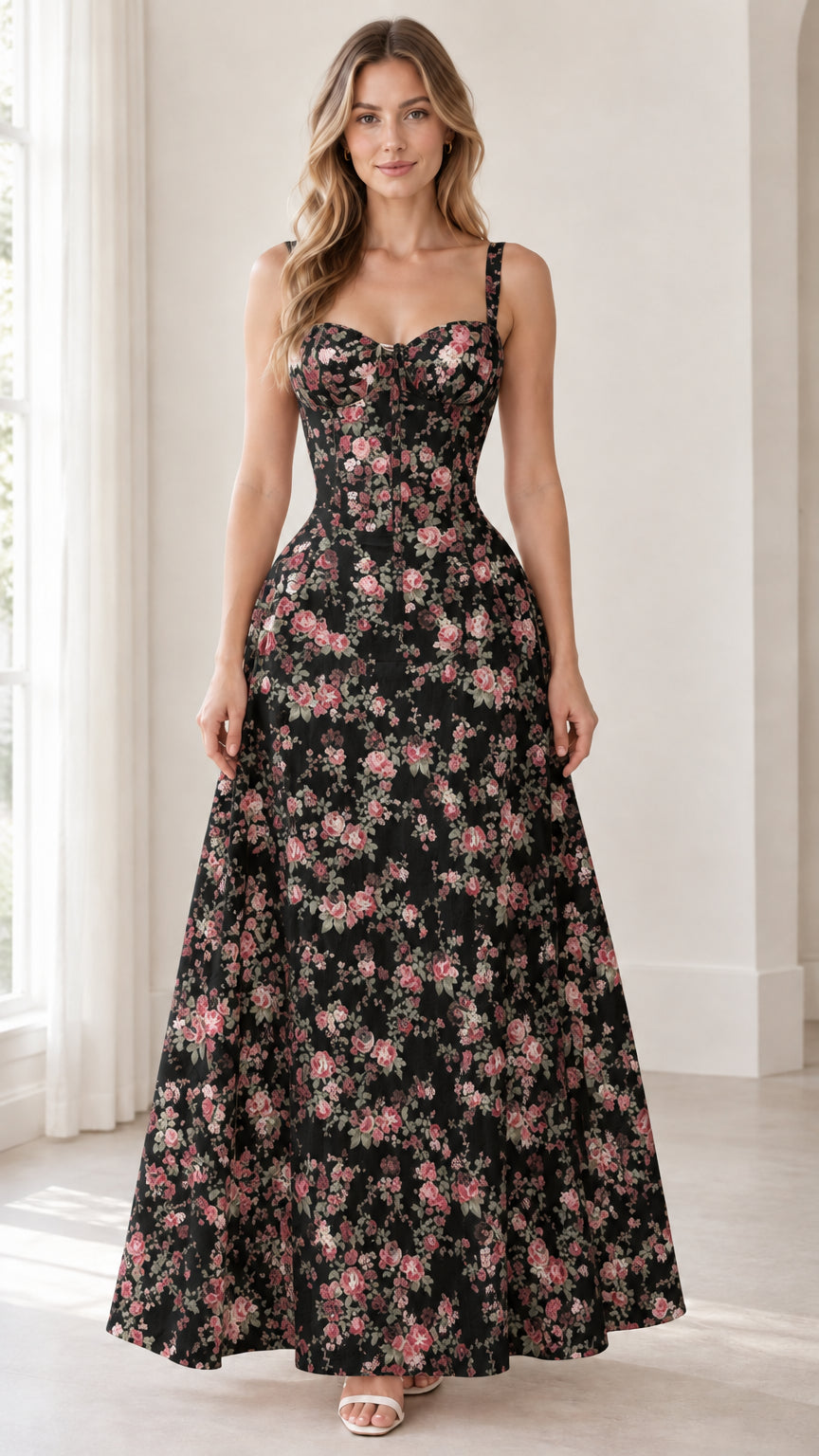 Front view of model wearing black floral print corset maxi dress