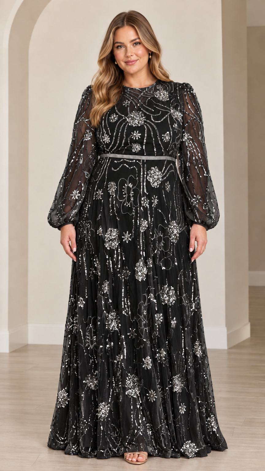 Black long sleeve sequined floor-length formal gown front view