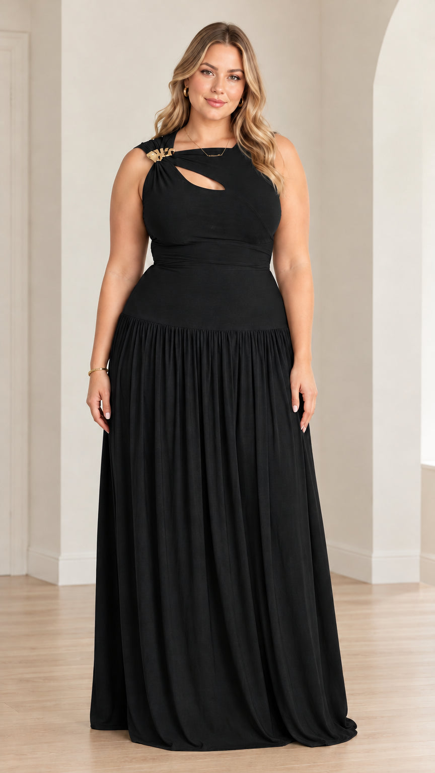 Full-length front view of model wearing black sleeveless cutout evening maxi dress